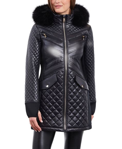 michael michael kors petites quilted faux fur trim coat